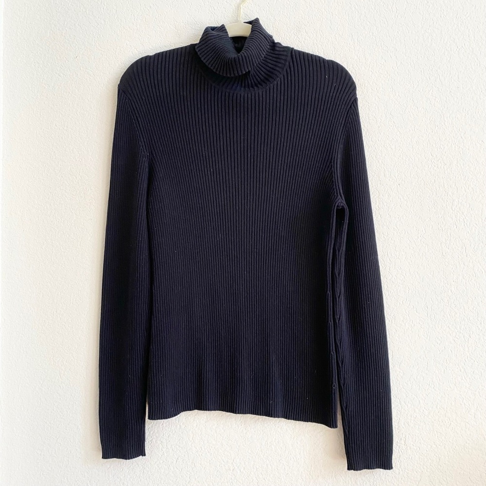 Chicos‎ Silk Blend Ribbed Turtleneck Sweater Black Size 3 Large XL Long Sleeve